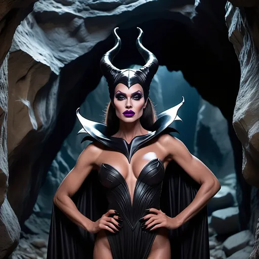 Prompt: What if Maleficent was a Gorgeous, very muscular, suntanned, 25-year-old, suntanned, Turkish drag queen (with strong masculine facial features, dark lipstick, huge busom, dark hair) standing in front of a dark cave. The cave appears to be a secret lair. The Atmosphere is sophisticated and joyful.