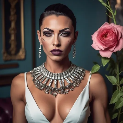 Prompt: GS photigraph shot on a Sony A7R IV, 50mm f/1.8 lens, ISO 100 Glamour photography of stunningly Gorgeous, very muscular, suntanned, 25-year-old, suntanned, Greek drag queen (with masculine jawline and brow facial features, dark lipstick) at a ball in the Rococo hall, dress half pink, half white, studded collar, small details, smiling, huge fangs, radiance, flowers, cracks, thorns, full length, slightly at a distance, volume, guro, anatomy, hyper realistic , nightmare aesthetics, horroblood style,  reality, symbiosis, hybrid, abstraction, deep rendering, professional photography, cinematography, full detail, elaboration of hands and fingers