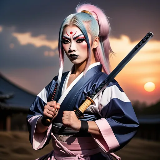 Prompt: A gorgeous muscular 21-year-old Japanese drag queen Samurai (dark eye makeup, dark lipstick, big busom, and platinum pink hair) wearing a traditional ancient Samurai yoroi and holding a katana in one hand, standing in a battle stance. 13th century Japan at sunset.