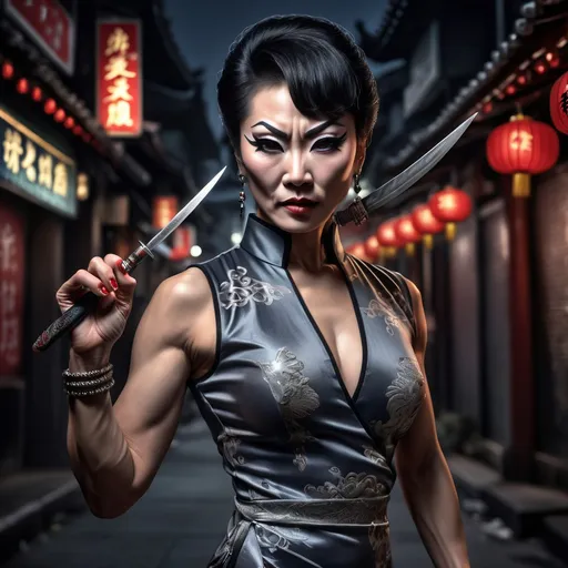 Prompt: A senior-aged, gorgeous muscular Chinese drag queen assassin wearing a dark gray, form-fitting, low-cut qipao holds a mini dagger in her hand. On a dimly lit street late at night, her piercing eyes shine brightly as if searching for her prey. She put on a martial arts pose(ultra detailed). fine detailed drawing, professional photo, HDR, UltraHD, a lot of details, pixel study, 3D, detail, photorealism, majestic, stunning, elegant, brillant, sumptuous, magnificent, effulgent, refulgent, fantasy, epic, long hair, mystic, full body view, classical and warm lighting style and cinematic art 
