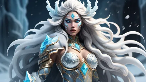 Prompt: Ice warrior goddess with ice skin and long flowing frozen hair, armor with gilded patterns and ice, superpower is ice, embodiment of the Yeti, dynamic pose