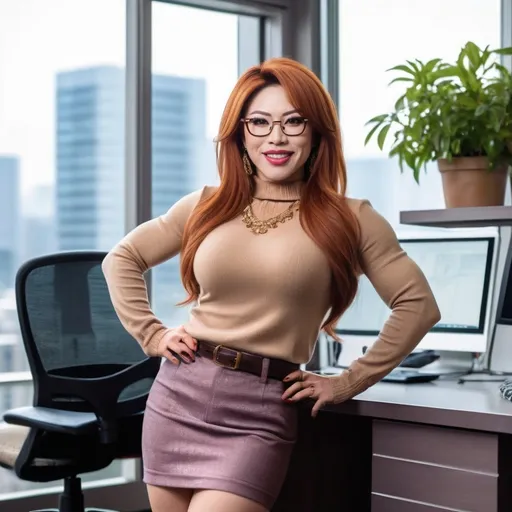 Prompt: Gorgeous muscular 35-year-old Japanese drag queen bodybuilder with big busome, fashionably styled auburn hair, hazel eyes,  gold frame glasses, upturned nose, natural makeup, smiling, mauve sweater, brown miniskirt, brown boots, crowded office, desks, plants, floor to ceiling windows, Tokyo background, professional, detailed features, 8k photo, detailed muscular physique, office fashion, vibrant, realistic, natural lighting