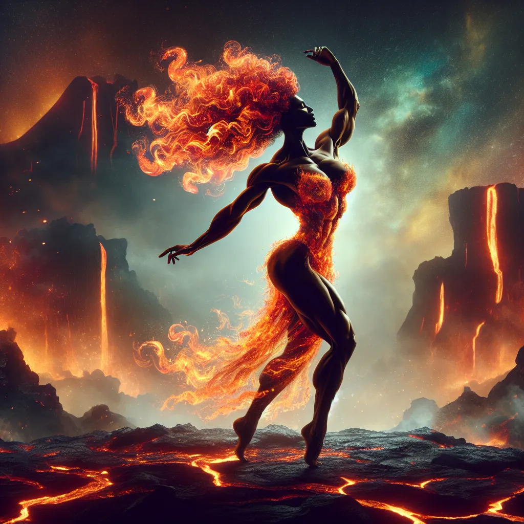 Prompt: very muscular dancing female, dancing on fire, silhouette, lava, long flowing fire gown, large busom, long wavy fiery hair, long muscular legs, very muscular dancing female, mystical background,