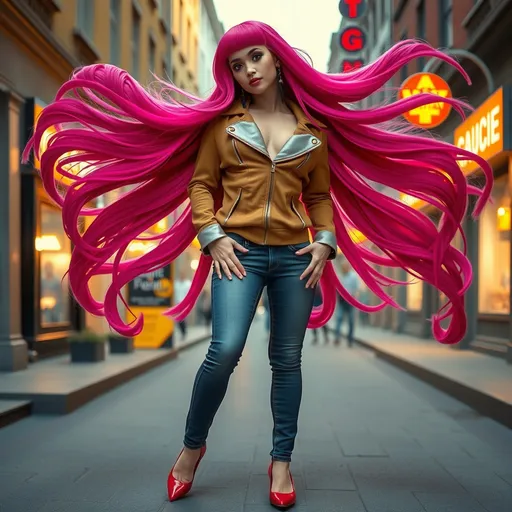 Prompt: Full body 64k hi-res hd digital photograph 
of a gorgeous ultra-muscular 25-year-old Czechian drag queen goddess bodybuilder with ridiculously long flowing magenta colored hair, wearing tan jacket, faded jeans, 8 inch stiletto high heel shoes, vibrant and colorful, high resolution, realistic, retro aesthetic, detailed facial features, 1950s style, urban street setting, warm and nostalgic lighting, professional, character concept art, detailed clothing and expression, vibrant colors, 1960s city ambiance