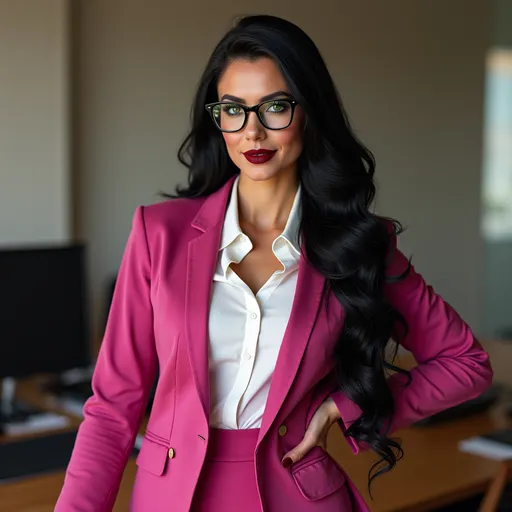 Prompt: photorealistic, (8K resolution), attractive (professional Czechian drag queen), (cascading silky black hair), (bright green eyes), (black frame eyeglasses), (fuchsia linen suit with pencil skirt), (white blouse), (Athletic figure), (slightly masculine facial features), heavy mascara, dark red lipstick, detailed office background, (high detail & quality), (elegant and confident pose), natural lighting, polished ambiance, crisp image quality.