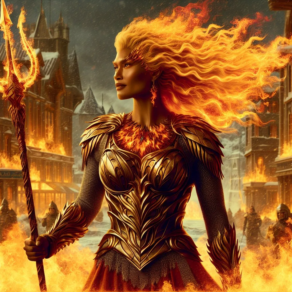 Prompt: Gorgeous muscular 25-year-old (Caucasian) goddess with huge busom carrying a flaming trident, wearing armor of fire, ridiculously long flowing hair of fire, walking through a burning town. 