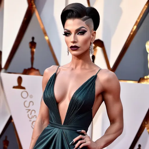 Prompt: Gorgeous thicc muscular 25-year-old Slovenian drag queen (very strong masculine jawline and brow features) with large busom wearing a beautiful stylish multi-fabric gown with long train, 8 inch stiletto high heel shoes.  Dark eyeshadow and dark lipstick. Walking the red carpet at the Oscars.