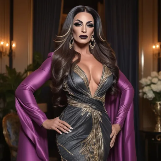 Prompt: Gorgeous muscular 35-year-old Arabic drag queen bodybuilder with long hair, dark eye makeup, dark lipstick, and large busom, wearing (Gucci Sanremo dress), elegant high-fashion design, flowing fabric with intricate draping, lush textures, shimmering elegant fabrics, (vibrant colors), modern and luxurious ambiance, (ultra-detailed), soft diffused lighting to highlight details, stylish accessories, framed by a chic backdrop that enhances the garment's sophistication.