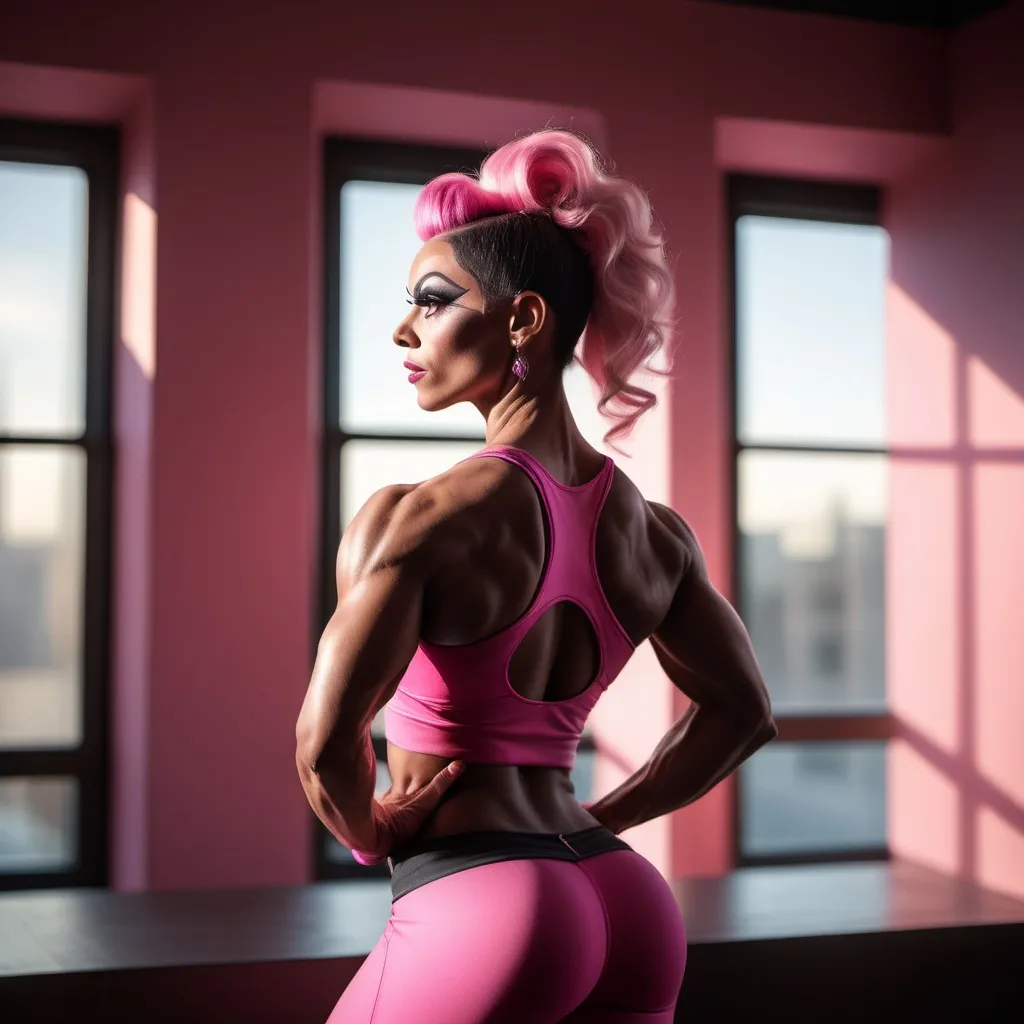 Prompt: A athletic drag queen bodybuilder in pink & black yoga clothes stands with her back towards the viewer, looking over her shoulder. Morning sunlight is coming into a dimly lit room from a window to her side. She has just taken a deep breath and is calm and relaxed.