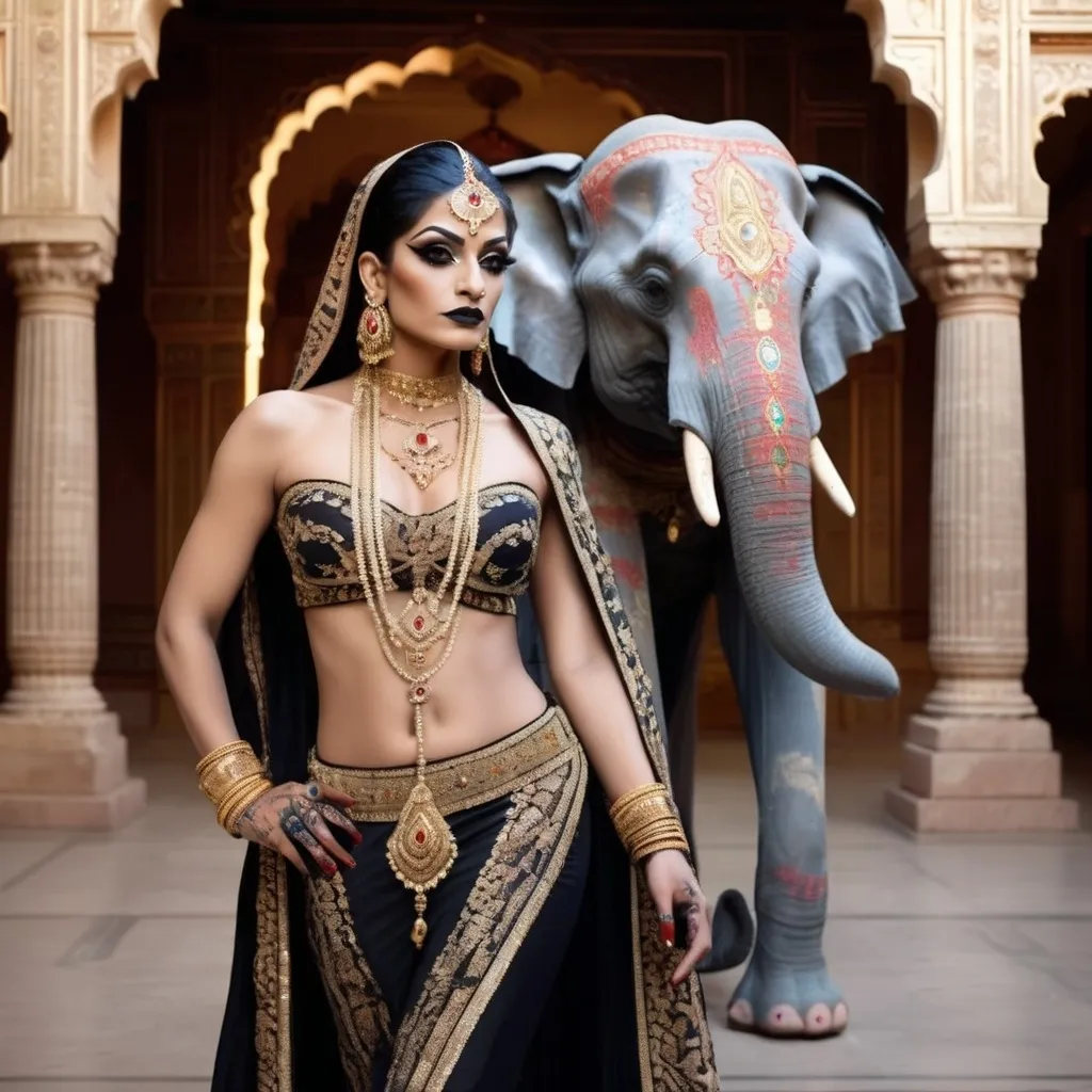 Prompt: A futuristic rendition of Indian royalty, where a gorgeous muscular 35-year-old Pakistani drag queen bodybuilder (dark eyeshadow,  dark lipstick,  heavy mascara) is dressed in a dazzling outfit featuring traditional Indian elements like rich silk, gold embroidery, and intricate jewelry, but with a high-tech twist. The palace is a blend of old and new, with ancient marble columns adorned with glowing circuit patterns, and holographic elephants walking through the palace courtyard. The scene is bathed in soft, ethereal light, creating a majestic atmosphere