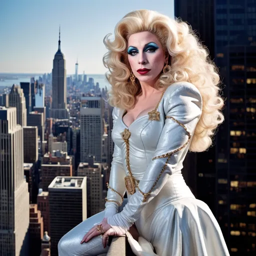 Prompt: John Travolta dressed as a 25-year-old gorgeous drag queen Madonna posing on the ledge of a building, high above NYC.