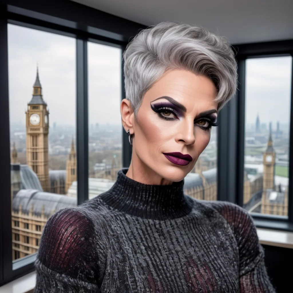 Prompt: Gorgeous muscular 45-year-old French drag queen with strong masculine jawline,  short swept over graying hair, dark eyeshadow, and dark lipstick, in the CAD office wearing a chenille knitted sweater, next to the window with London city and Big Ben view