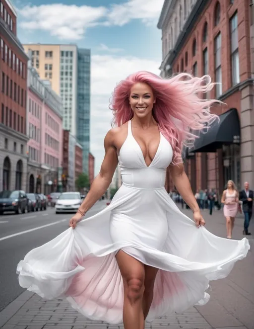 Prompt: Hyper-realistic fantasy image of a gorgeous ultra-muscular 25-year-old Finnish goddess bodybuilder with huge busom and ridiculously long flowing pink hair walking in a white dress, pause style, retro city setting, fine details, fictive, smiling, walking over an air vent, 8k, best quality, hyper-realistic, fantasy, retro, short white twirling dress, city setting, fine details, smiling, pause style, air vent, walking
