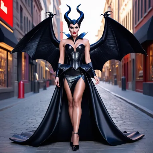 Prompt: Hyper realistic 64k 3d drag queen Maleficent bodybuilder in hyper realistic and very detailed 64 3d hd, wearing a Valentino miniskirt dress and 8 inch stiletto high heels outfit, very detailed Valentino dress 64k Reflex ultra hd quality and very detailed heels 64k ultra hd quality 