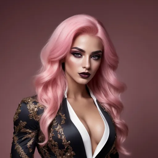 Prompt: (Gorgeous ultra-muscular 25-year-old Syrian bodybuilder) with muscular physique, long stylish pink hair, dark eye makeup and dark lipstick wearing a Dolce&Gabbana inspired design, (luxurious), (fashion-forward), stunning patterns, bold colors, intricate textures, modern elegance, lavish aesthetic, high-end fashion showcase, opulent background, dramatic lighting, (vibrant), chic, glamorous, 4K quality, showcasing iconic elements synonymous with the brand.