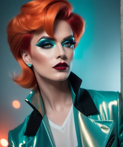 Prompt: A very handsome man dressed up as a Gorgeous 25-year-old drag queen, short swept over stylish orange hair, smoky eyeshadow,  dark red lipstick, retrofuturistic film noir by Quentin Tarantino, teal glowing haze dreamy atmosphere.