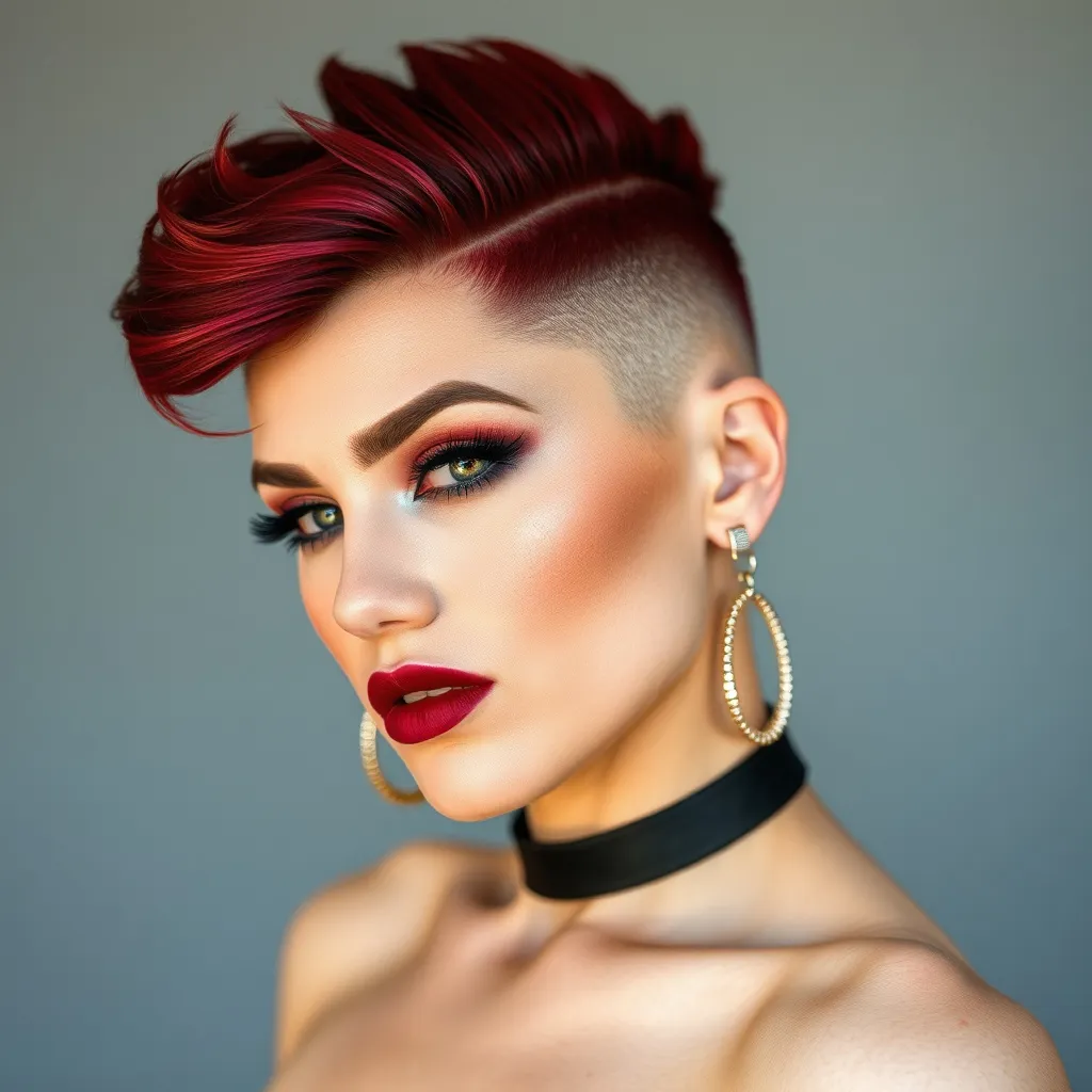 Prompt: side buzzed fade longer k-pop top cut with a dark red trendy moehawk, hair cut sample, fashion magazine, high focus on trendy hairstyle, gorgeous 30-year-old Czechian drag queen bodybuilder model with thick eyeshadow and dark red lipstick--ar 9:16 --v 6.0