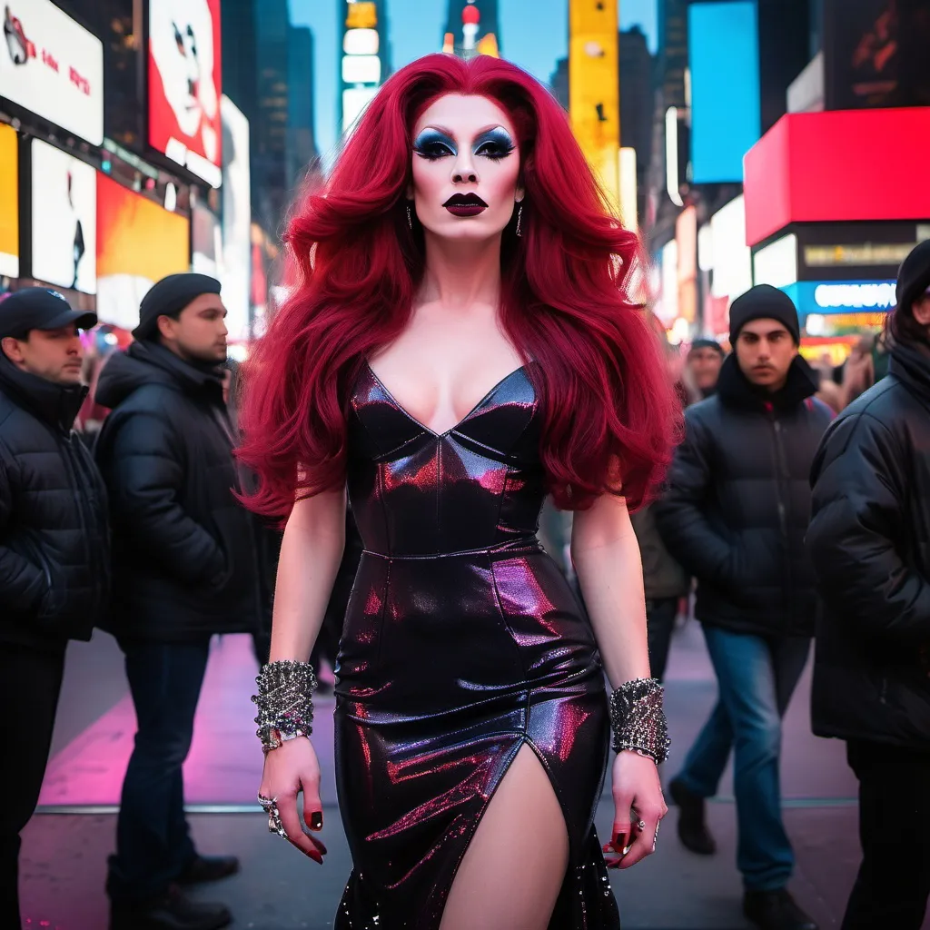 Prompt: Gorgeous masculine 25-year-old Czechian drag queen with long dark red hair wearing a mix of men's and women's clothes. 8 inch stiletto high heel shoes.  Dark eye makeup and dark lipstick.  Location: Time Square.