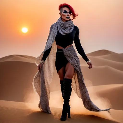 Prompt: The silhouette of a gorgeous muscular 35-year-old French drag queen bodybuilder with an Arab scarf and stiletto knee-high boots walks on a dune walks against the sunset , mist