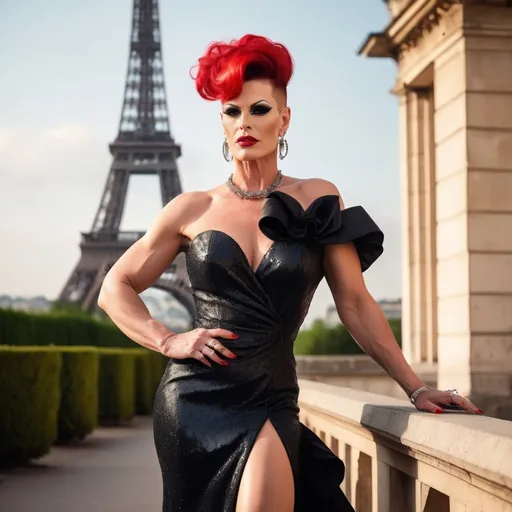 Prompt: Glamour photography of gorgeous 35-year-old czechian drag queen (strong, masculine jawline and brow features) with huge busom and short red updo hair wearing LBD and 8 inch stiletto high heel shoes, Glamour makeup in paris in the style of Guy Aroch