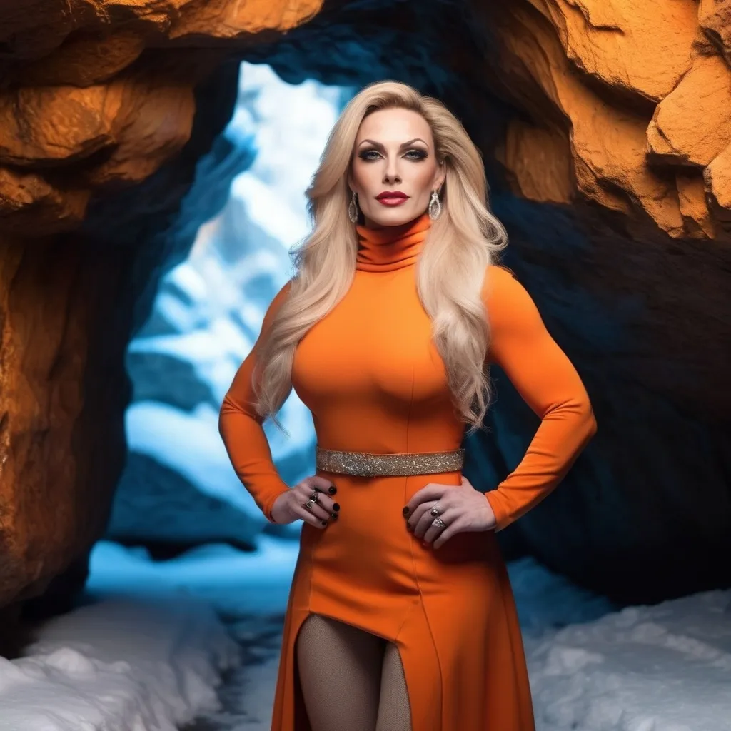 Prompt: professional portrait photograph of a gorgeous muscular 35-year-old British drag queen (strong masculine jawline and brow features) in orange winter clothing, long natural blonde hair, most attractive face, (freckles), nice smile, cute stylish makeup, wearing elegant warm winter fashion clothing, ((standing out side a frozen cave), hyper- realistic, detailed features, realistic lighting, high quality, realistic view,, elegant, realistic setting, professional, detailed, glamorous, actress, iconic, stunning modern urban environment, ultra realistic, concept art, elegant, highly detailed, intricate, sharp focus, depth of field, f/1. 8, 85mm, medium shot, mid shot, (((professionally color graded))), bright soft diffused light, (volumetric fog), trending on instagram, hdr 4k, 8k