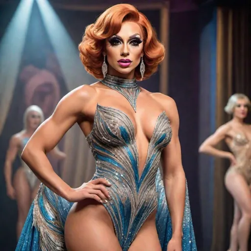 Prompt: image of a (muscular body) gorgeous 25-year-old Czechian drag queen with a large busom wearing a flamboyant, yet conservative Bob Mackie designer Gown, hyper-realistic quality, ultra-detailed 4K imagery.