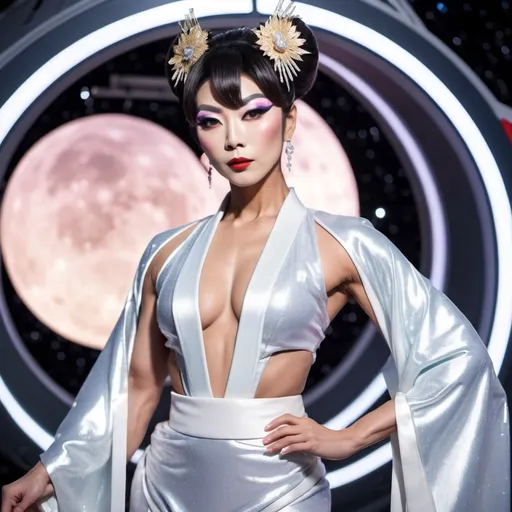 Prompt: A gorgeous muscular Japanese drag queen (very strong masculine jawline and brow features) wears a kimono while standing in a space ship, background is shows the vastness of space.