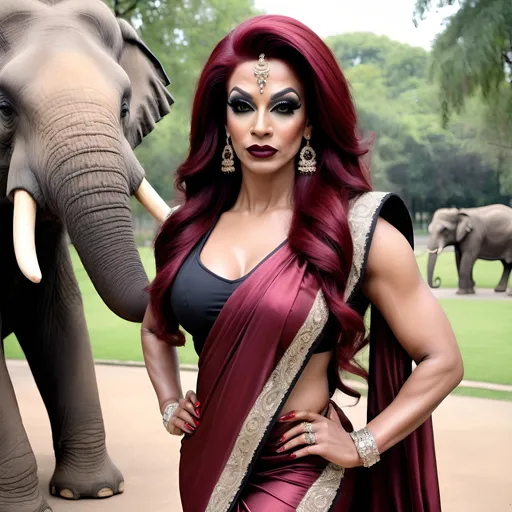 Prompt: A beautiful muscular 35-year-old Muslim drag queen in an elegant saree, her hands on her waist, with very long dark red hair,  dark eyeshadow and dark lipstick,  8 inch stiletto high heel shoes.  Posing in a gorgeous park with elephants.