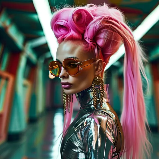 Prompt: Gorgeous ultra-muscular 25-year-old Swedish drag queen bodybuilder with long flowing fuscia updo stylish hair wearing Mugler in a futuristic Tokyo imagined by Wes Anderson