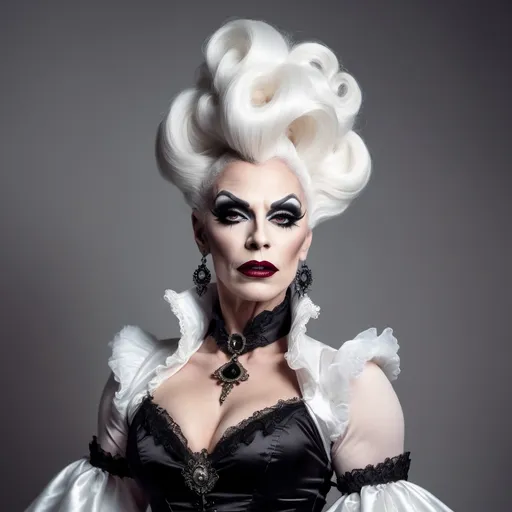 Prompt: elegant gorgeous muscular mature vampire drag queen in white and black tones and victorian dress