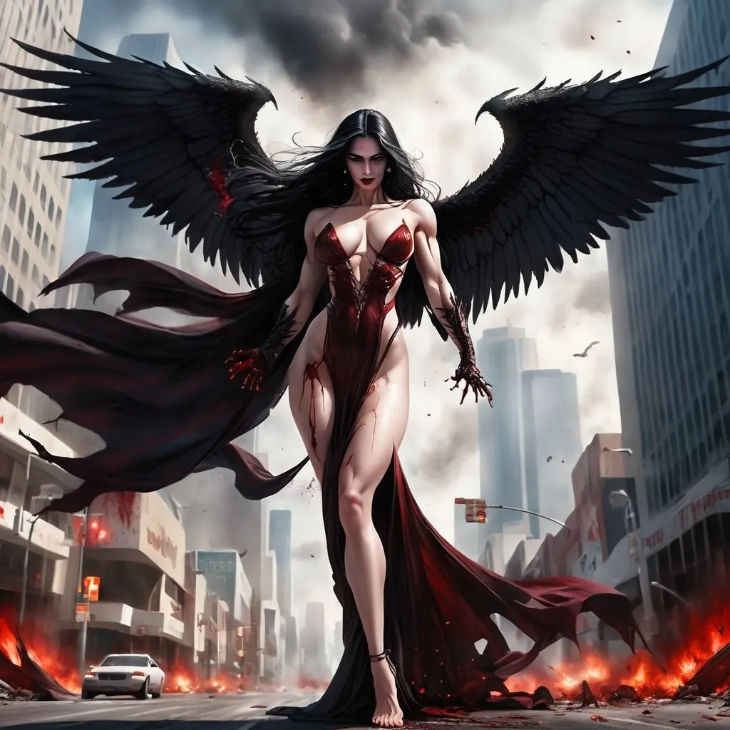 Prompt: Gorgeous, muscular, female, angel of death wearing dark and bloody robes. Ridiculously large wings. Ridiculously long flowing black hair. Flying over the streets of Los Angeles during Armageddon. 