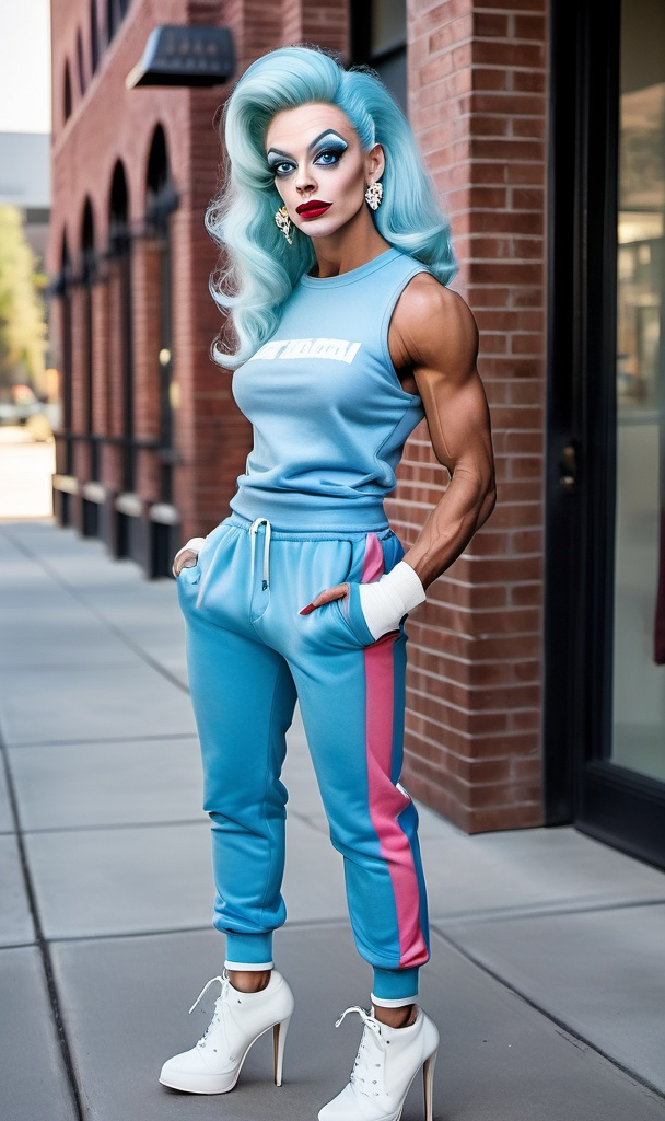 Prompt: Don Knotts  dressed up as a Gorgeous ultra-muscular 25-year-old Swedish drag queen bodybuilder Gen Z fashion model, with a charming and cute vibe, dark eye makeup and dark red lipstick wearing an oversized pastel blue sweatshirt paired with black joggers and white 8 inch stiletto high heel shoes. Her relaxed yet stylish look is accessorized with a backpack and hoop earrings, perfect for a laid-back day in the city. The full-body image captures her standing in front of the iconic Truong Tien Bridge in Huế, with the peaceful river in the background. Image size: 1080x1920."