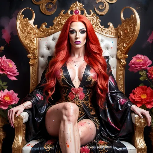 Prompt: Gorgeous ultra-muscular 25-year-old white skinned British drag queen bodybuilder with long flowing bright red hair, wearing a detailed ornate black cloth robe, dramatic lighting, digital watercolor painting, paint splatter, bold brush strokes, art nouveau, majestic queen sitting on her gold throne in an elegant (colorfull flower dress), ornate very big throne with pink diamonds and flowers adorned with delicate mycstical (colorfull) and glimmering (diamonds), mythical  looming behind, captivating atmosphere, dramatic lighting, ethereal ambiance, richly detailed backgrounds, (HD, ultra-detailed) fairy-tale setting, tension filled with reverence and power.