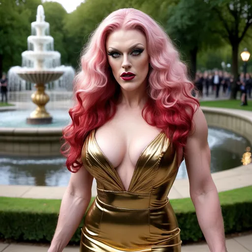 Prompt: Greg Davies dressed up as a Gorgeous, tall, ultra-muscular, 25-year-old, sophisticated, French drag queen bodybuilder with very long wavy pink hair (((blowing in the wind))), dark eye shadow and dark red lipstick,  wearing a extravagant golden Prada dress and 8 inch high heel shoes, posing by the fountain in the park at night.