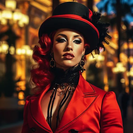 Prompt: Beautiful 25-year-old (Caucasian) Californian drag queen, pale skin, muscular physique, dark red wavy hair with curtain bangs, smoky makeup, buxom figure, wearing red tailcoat, black miniskirt, black 8 inch stiletto high heel Prada boots & top hat, standing outside the Bellagio in Las Vegas at night, 8k photo, high detail, glamorous, detailed curves, dramatic lighting, vibrant colors, detailed lace, atmospheric ambiance