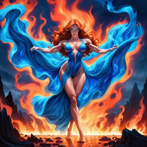 Prompt: Gorgeous ultra-muscular 25-year-old Swedish drag queen bodybuilder dancing on blue flame, silhouette, lava, long flowing blue flame gown, huge busom, long wavy fiery hair, long muscular legs, very muscular dancing female, mystical background,