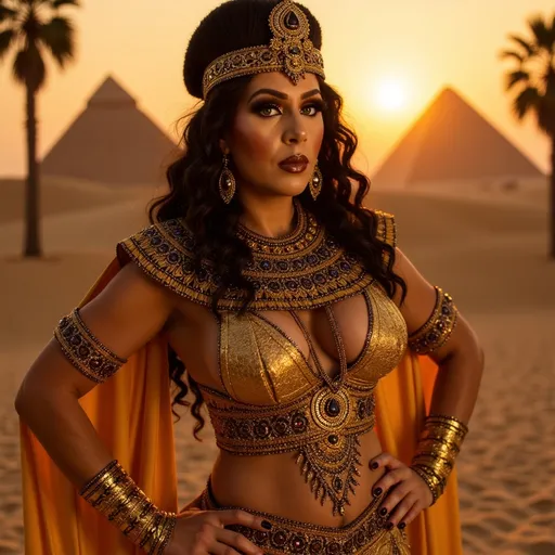 Prompt: Gorgeous ultra muscular drag queen Cleopatra, (regal and glamorous), depicted in luxurious ancient Egyptian attire adorned with gold and jewels, dark eye makeup and dark lipstick, striking a confident pose, surrounded by a lavish backdrop of pyramids and palm trees, warm sunset casting vibrant shadows, intricate accessories, mysterious ambiance, (ultra-detailed), evocative and majestic.