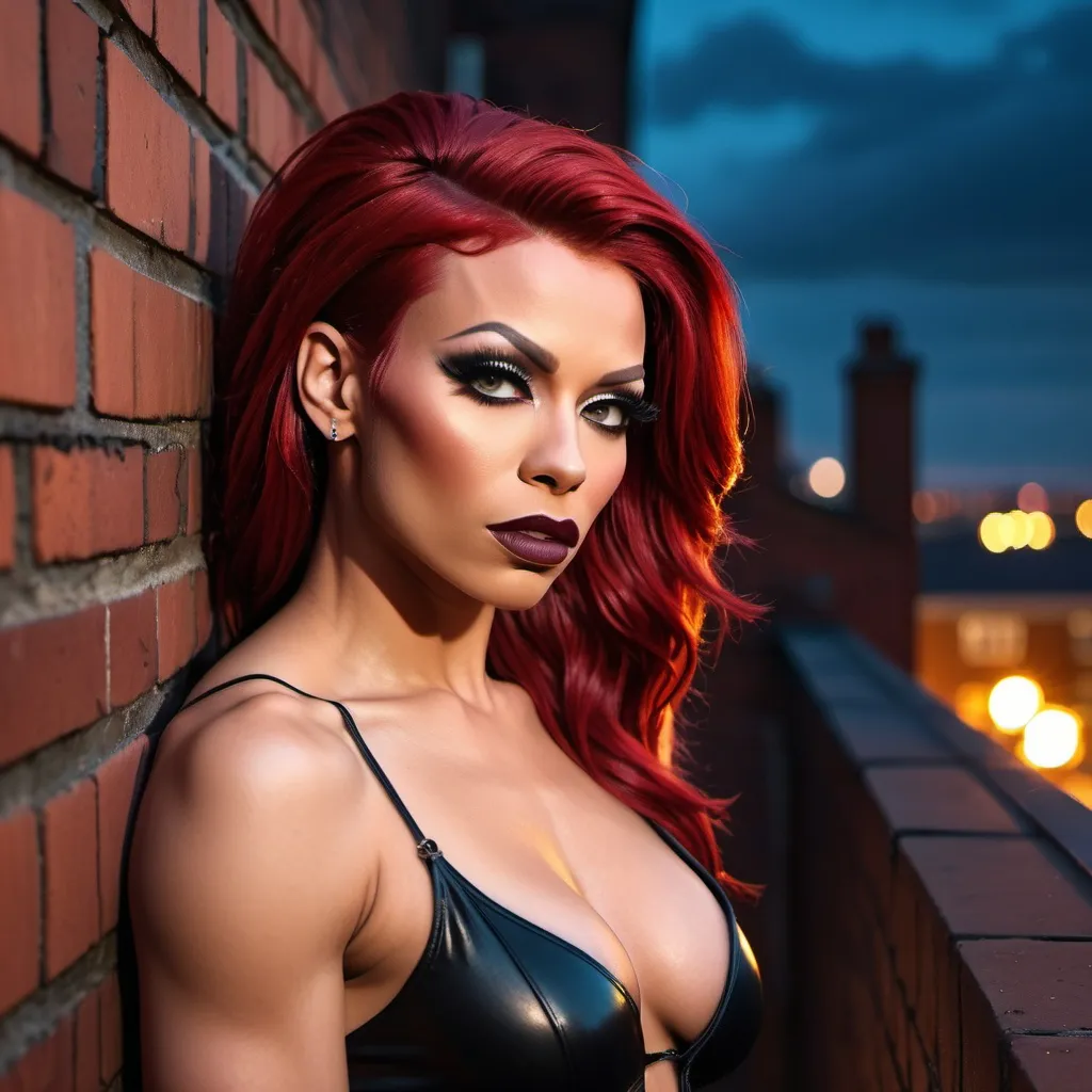 Prompt: 4k , high resolution , detailed ,fashion photography  , dramatic ,bright colors,contrast, realism ,professional, lights on the woman , art photography,neglected rooftop,urban view, night , a gorgeous muscular 25-year-old Norwegian drag queen with muscular physique standing near the brick wall in modeling pose,she reveals shoulder , bangs haircut, dark red hair , black crop top under the zipped silver jacket  , blue long tight  jeans , portrait , legs , 8 inch stiletto high heel shoes, wet rooftop , smile