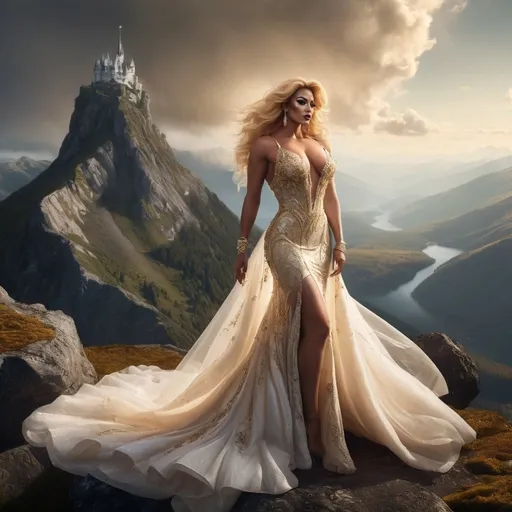 Prompt: (A full body image)A gorgeous muscular 35-year-old French drag queen bodybuilder (big busom, dark eyeshadow, dark lipstick, long flowing golden blonde hair) wearing an ivory wedding gown on the top of an high mountain. surreal  with mist
Dreamy, mythical, fairyland-like, soft and romantic
Splash art, hyper detailed, ultra realistic, highly detailed. Perfect studio lighting, perfect shading, impeccable contrast, HDR, UHD, high res, 64k