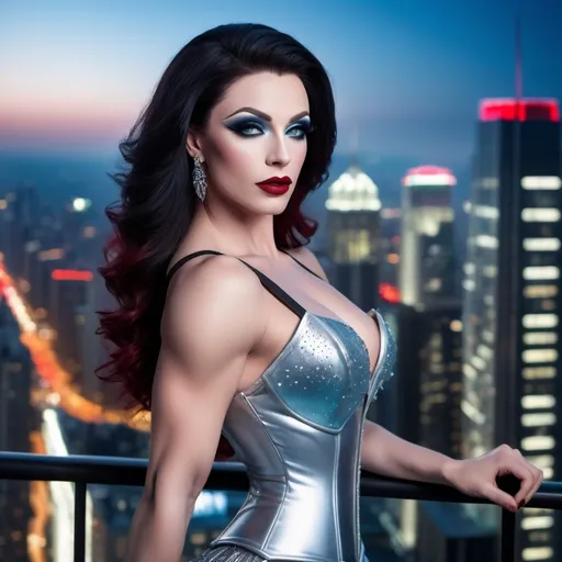 Prompt: Delicate gorgeous ultra-muscular, 25 years old, black haired drag queen bodybuilder with dark eye shadow and dark red lipstick, overlooking city from balcony, photorealism, silver corset and skirt, ice blue eyes, pale skin, heart-shaped face, metropolitan nightscape, skyscrapers, highly detailed, 8k photo, photorealistic, delicate beauty, intricate details, city lights, atmospheric lighting