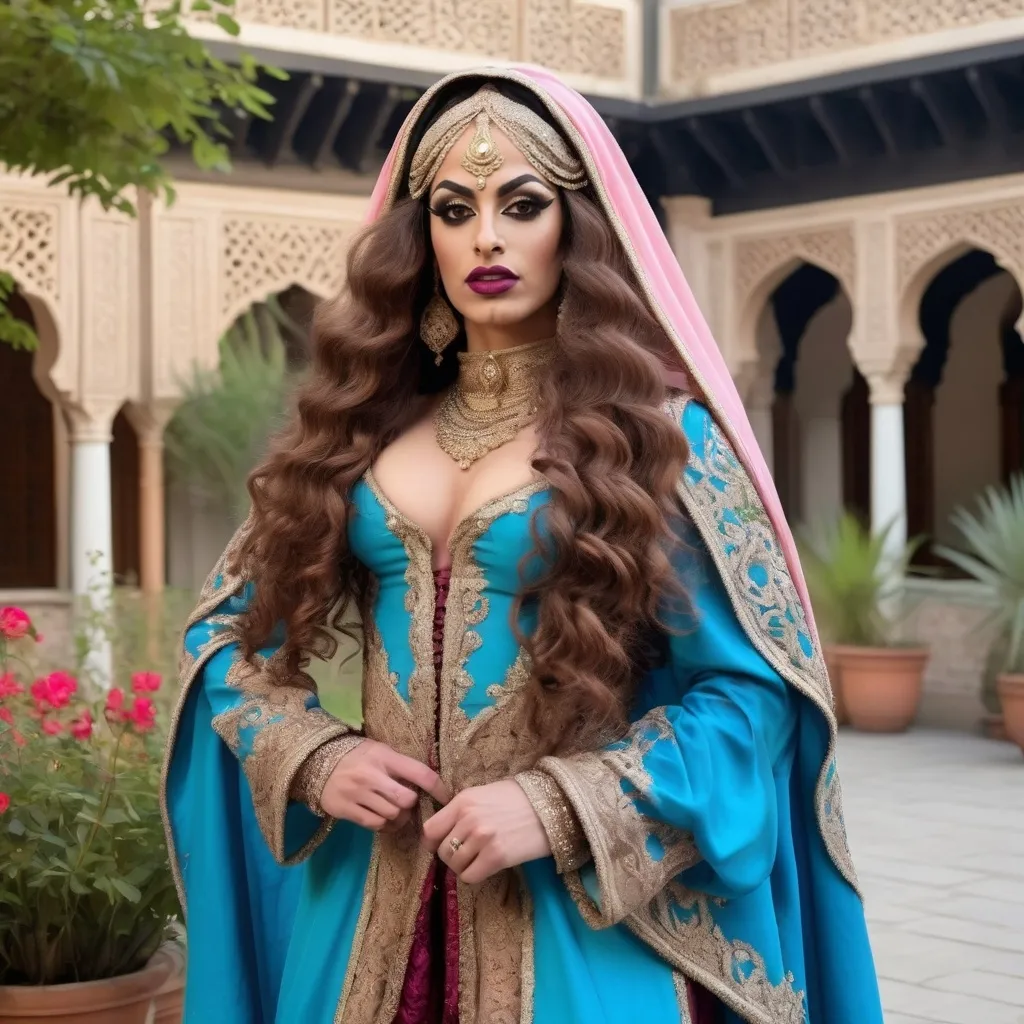 Prompt: A realistic photograph of A gorgeous  muscular  25-year-old  Arabic drag queen  dressed up as a 17 century Islamic Mughal court dancer Laila with long curly brown hair wearing dupatta in the courtyard garden  