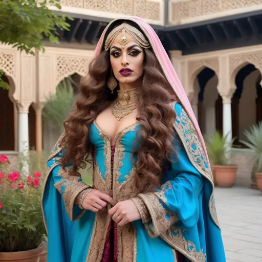 Prompt: A realistic photograph of A gorgeous  muscular  25-year-old  Arabic drag queen  dressed up as a 17 century Islamic Mughal court dancer Laila with long curly brown hair wearing dupatta in the courtyard garden  