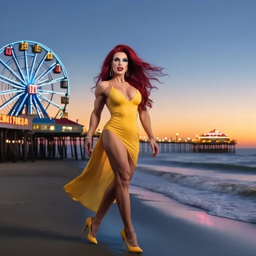 Prompt: Hi-res, 8k hd, Full body photography, Gorgeous tall muscular Italian drag queen bodybuilder, 25 years old, ultra-long straight dark red hair (((blowing in wind))), crystal blue eyes, long muscular legs, muscular physique, dark smoky eyeshadow, dark red lipstick, smiling, short yellow cotton sundress, 8 inch stiletto high heel shoes, standing in front of the Santa Monica Pier at dusk, 8k photo, elegant, stylish, detailed features, highres, natural lighting, vibrant colors. Full length photography, full body photography. Ultra-detailed,  ultra-realistic. 