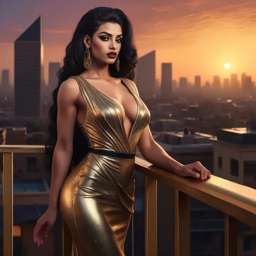Prompt: a gorgeous muscular 21-year-old Egyptian drag queen (strong masculine jawline and brow facial features) bodybuilder in a gold dress (dark black hair, dark eyeshadow, 
dark red matte lipstick, big busom) standing on a balcony with a view of a city at sunset in the background, Artgerm, photorealism, highly detailed digital painting, a photorealistic painting
