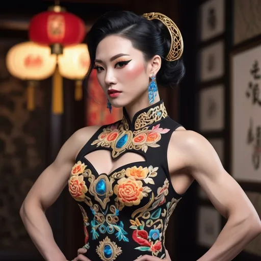 Prompt: Beautiful muscular 25-year-old Chinese drag queen bodybuilder in modern dress, traditional and modern fusion, intricate embroidery, high quality, realistic, detailed, elegant, modern Chinese fashion, vibrant colors, graceful pose, flowing fabric, professional lighting, realistic hair, captivating eyes, cultural fusion, best quality, highres, detailed, realistic, modern fashion, vibrant colors, elegant, intricate details, cultural fusion