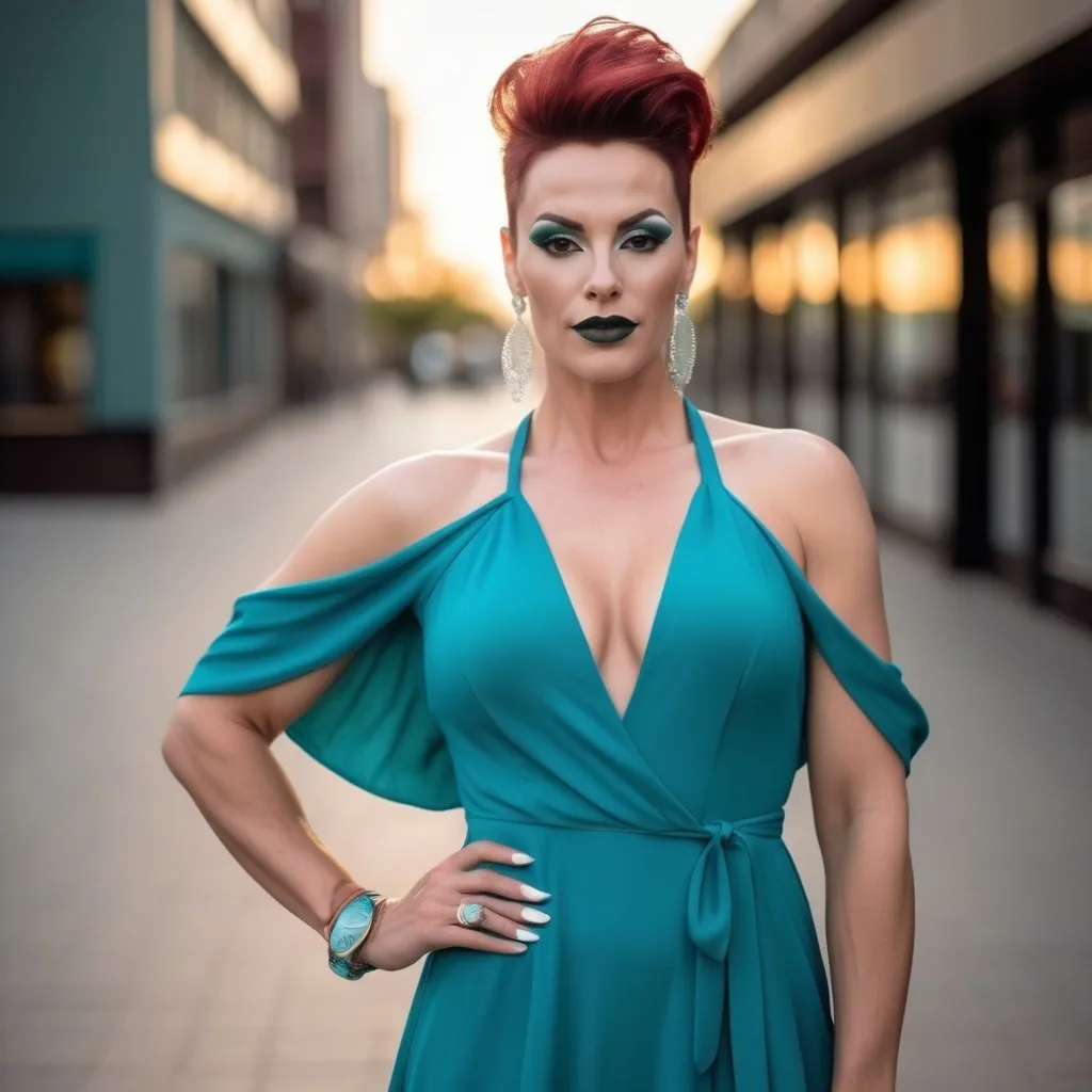 Prompt: Here's a prompt:

"Generate an image of a stylish and confident 35-year-old Hungarian drag queen bodybuilder wearing a cute teal and white long flowing sundress. Face has strong masculine jawline and brow. Dark eyeshadow and dark lipstick. Large busom. Short dark read hairstyle. 

Outfit:

- Sundress: light and long, flowing teal and white stripes
- Shoes: White stiletto heels
- Accessories: Minimalist jewelry, such as a simple watch and hoop earrings

Pose:

- Standing carefree and confident 
- Slightly angle the body, showcasing the outfit's silhouette
- Gaze directly at the camera with a subtle smile

Background:

- boardwalk at sunset

Style:

- Modern, sophisticated, and effortlessly chic
- Emphasize the harmony of teal and white hues
- Capture the individual's poise and confidence

Generate a high-quality image showcasing the perfect blend of style, elegance, and modern flair."