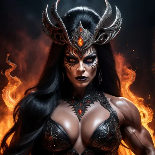 Prompt: In a stunningly detailed 8K cinematic painting, a malevolent drag queen enchantress bodybuilder exudes power and malice through her fiery eyes in a high fantasy realm. Her dark sorcery mastery is evident in her regal yet ominous presence, with flowing ebony hair and intricate, sinister attire that accentuates her commanding presence. The photorealistic depiction captures every intricate detail, from the intricate patterns on her robes to the eerie glow of her magical aura, drawing viewers into a realm of dark and dangerous beauty.