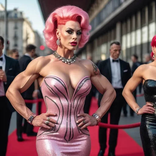 Prompt: Very detailed and hyper realistic full-length photo of a gorgeous  muscular 25-year-old French drag queen bodybuilder with 1950s style pink hair wearing a hyper realistic and very detailed Paco Rabanne dress 64k, ultra hd, 3d quality  500mpx reflex red carpet starirway awards 