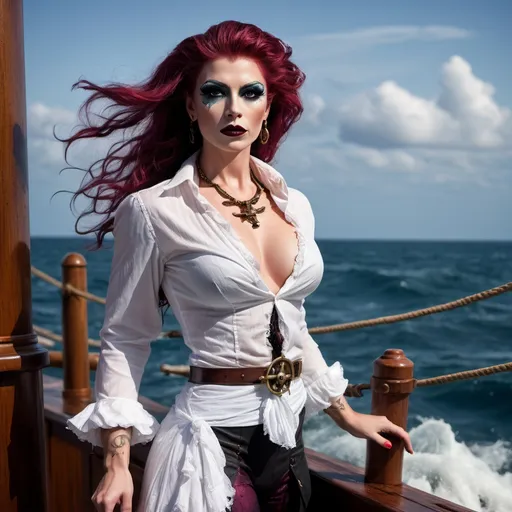 Prompt: (Gorgeous muscular 25-year-old drag queen pirate), mopping the deck, wearing a white blouse (partially see-through, wet), breezy ocean atmosphere, dark eye makeup and dark lipstick, vibrant colors of the sea, high-quality details, dramatic lighting, carefree and adventurous mood, ocean waves in the background, wooden ship deck, cinematic depth, ultra-detailed scene, (action-oriented composition).