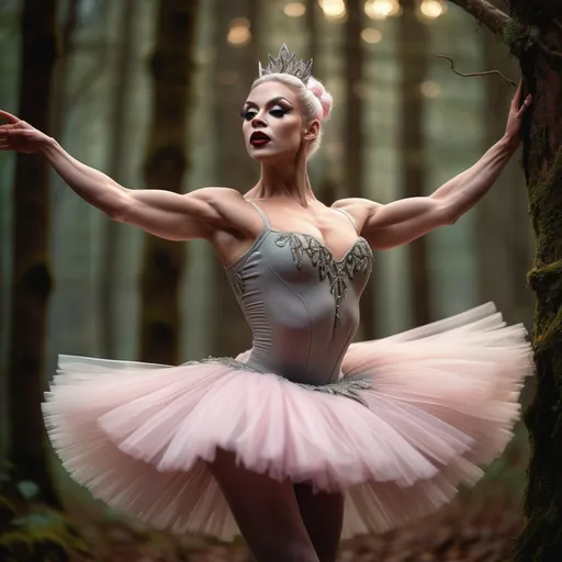 Prompt: (focused character gorgeous ultra-muscular 25-year-old Swedish drag queen bodybuilder), (elegant ballet pose), soft warm lighting, large busom, flowing pastel-colored tutu, enchanted forest background, delicate expression, intricate details in attire, dark eyeshadow,  dark red lipstick, immersive atmosphere, ethereal vibe, graceful movements, dreamy ambiance, intricate ballet shoes, glowing soft light filtering through trees, beautiful HD quality, atmospheric cinematic mastery